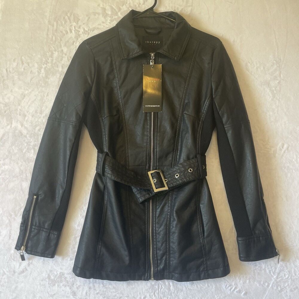 NWT Therapy Leather Moto Jacket Sz S Belted Black Collared Zip Pockets
